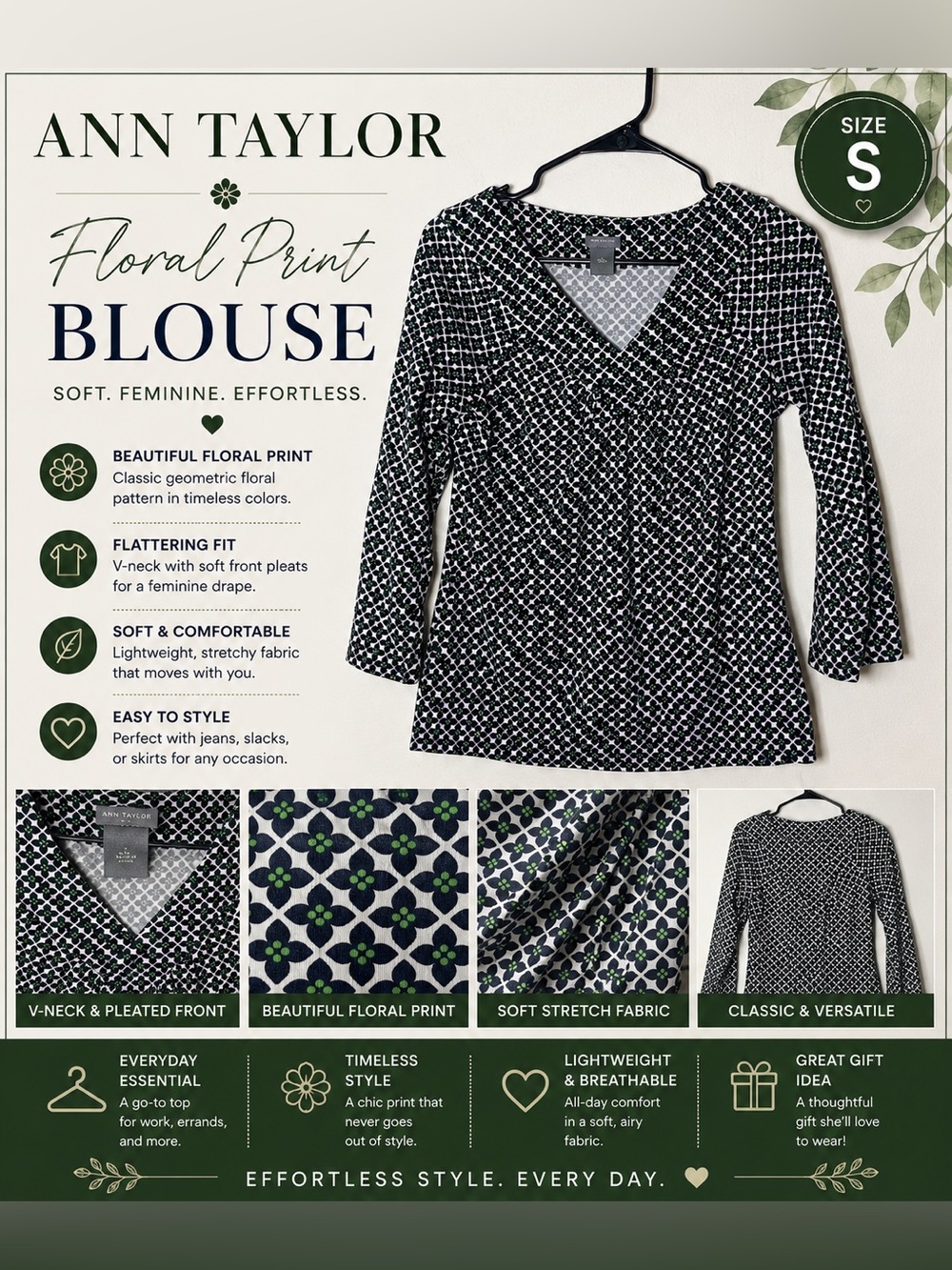 Ann Taylor Black & White Geometric Floral V-Neck Blouse